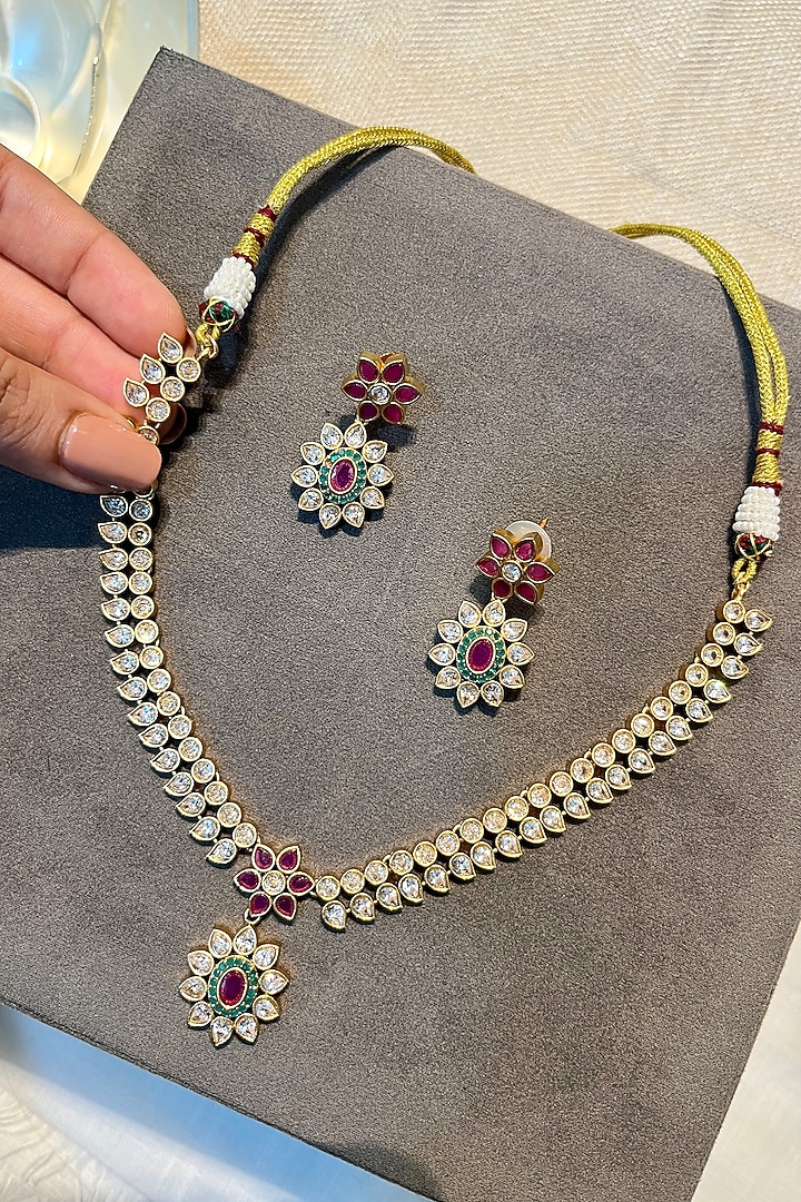 Gold Finish Multi-Colored Synthetic Stone Temple Choker Necklace Set by Prestones at Pernia's Pop Up Shop