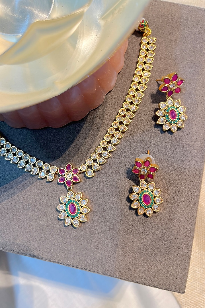Gold Finish Multi-Colored Synthetic Stone Temple Choker Necklace Set by Prestones at Pernia's Pop Up Shop