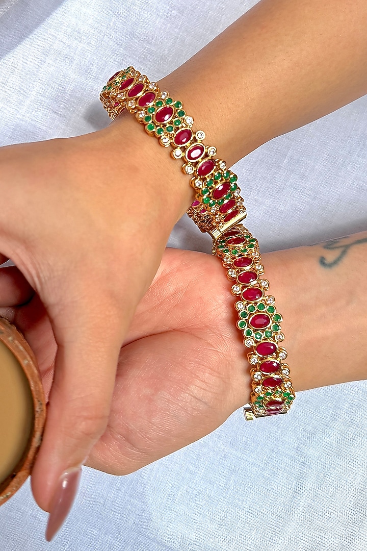 Gold Finish Multi-Colored Zircon Temple Bangles (Set Of 2) by Prestones at Pernia's Pop Up Shop