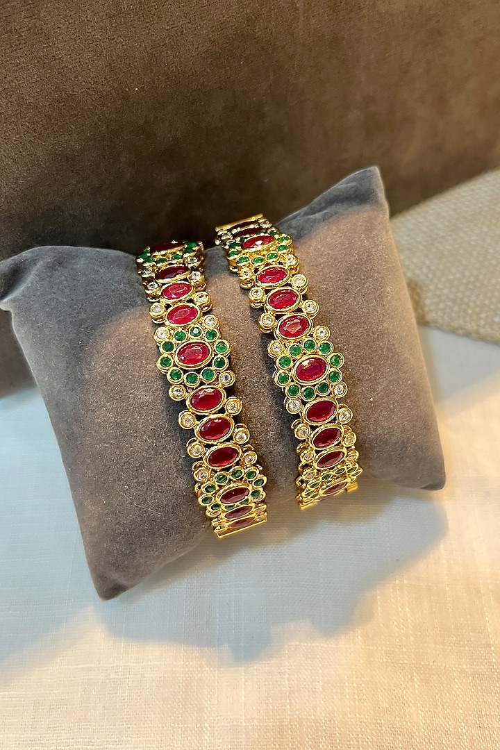 Gold Finish Multi-Colored Zircon Temple Bangles (Set Of 2) by Prestones at Pernia's Pop Up Shop