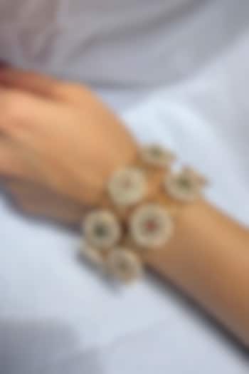 Gold Finish Multi-Colored Stone & Pearl Temple Bangles (Set Of 2) by Prestones at Pernia's Pop Up Shop