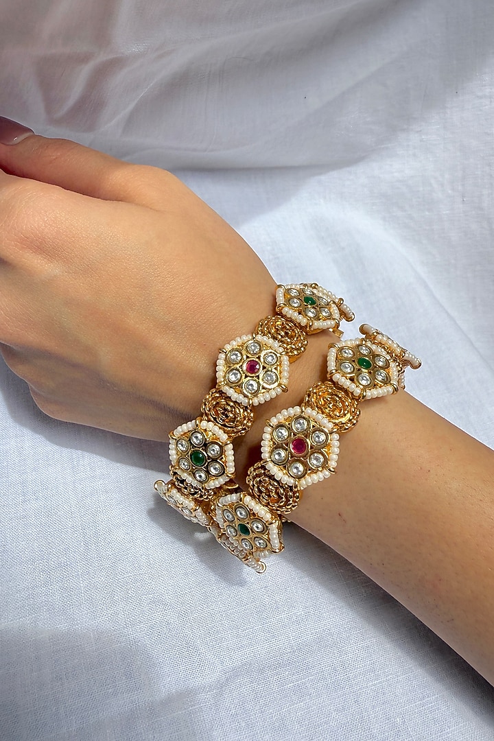 Gold Finish Multi-Colored Stone & Pearl Temple Bangles (Set Of 2) by Prestones at Pernia's Pop Up Shop