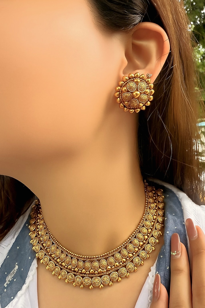 Gold Finish Temple Choker Necklace Set by Prestones at Pernia's Pop Up Shop