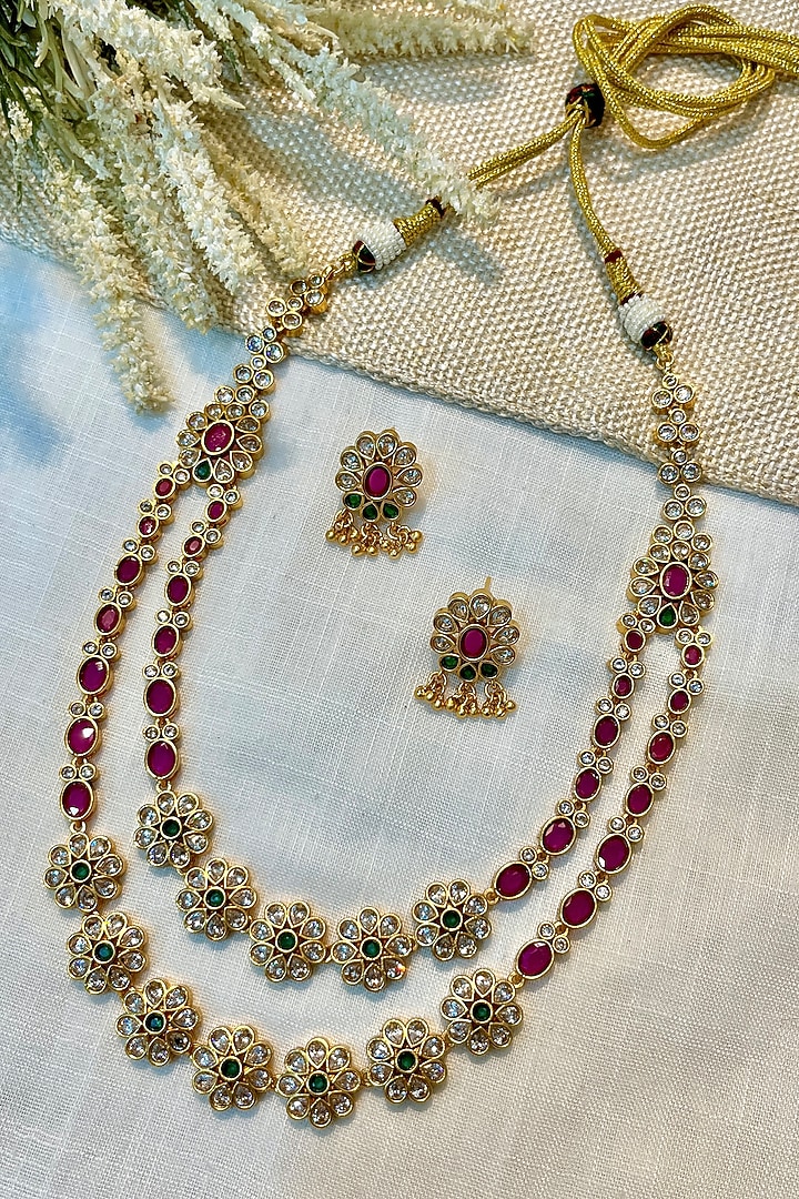 Gold Finish Multi-Colored Stone Temple Layered Necklace Set by Prestones at Pernia's Pop Up Shop
