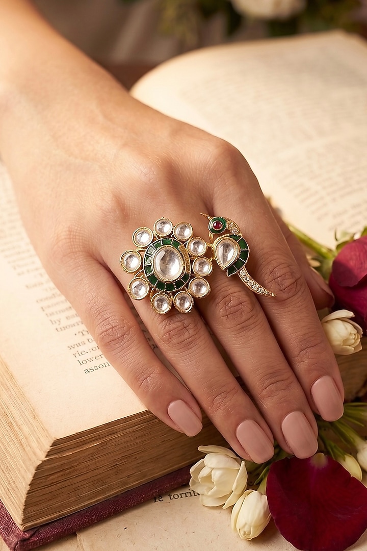 Gold Finish Kundan Polki & Zircon Meenakari Adjustable Ring by Prestones at Pernia's Pop Up Shop