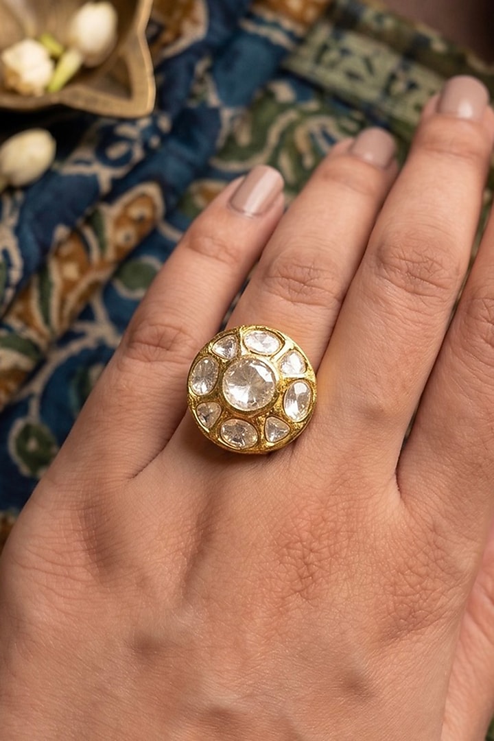 Gold Finish Moissanite Polki Adjustable Ring by Prestones at Pernia's Pop Up Shop