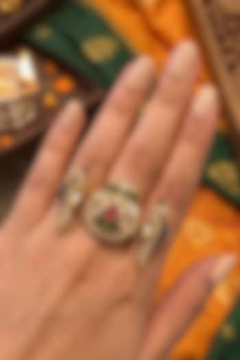 Gold Finish Moissanite Polki & Emerald Meenakari Adjustable Dual Finger Ring by Prestones at Pernia's Pop Up Shop