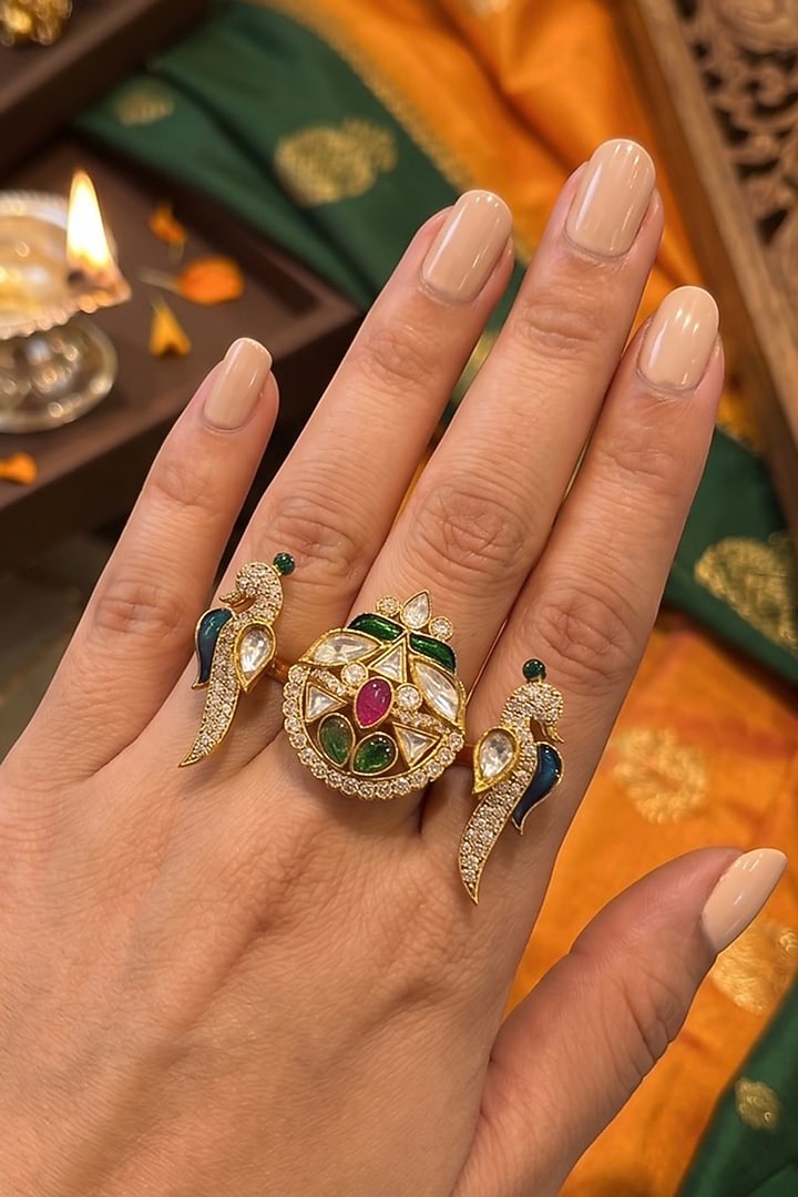 Gold Finish Moissanite Polki & Emerald Meenakari Adjustable Dual Finger Ring by Prestones at Pernia's Pop Up Shop