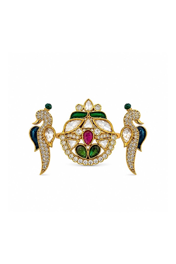 Gold Finish Moissanite Polki & Emerald Meenakari Adjustable Dual Finger Ring by Prestones at Pernia's Pop Up Shop