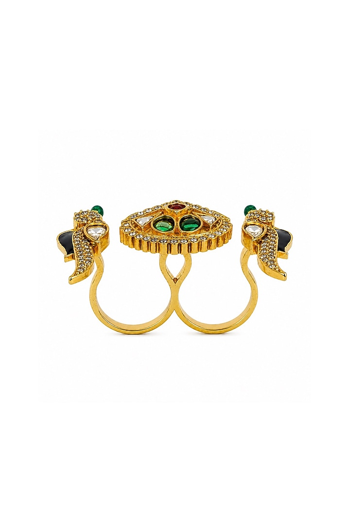 Gold Finish Moissanite Polki & Emerald Meenakari Adjustable Dual Finger Ring by Prestones at Pernia's Pop Up Shop