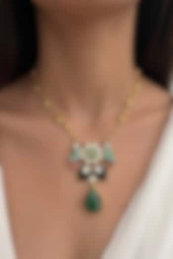 Gold Finish Moissanite Polki & Green Gemstone Meenakari Pendant Necklace Set by Prestones at Pernia's Pop Up Shop
