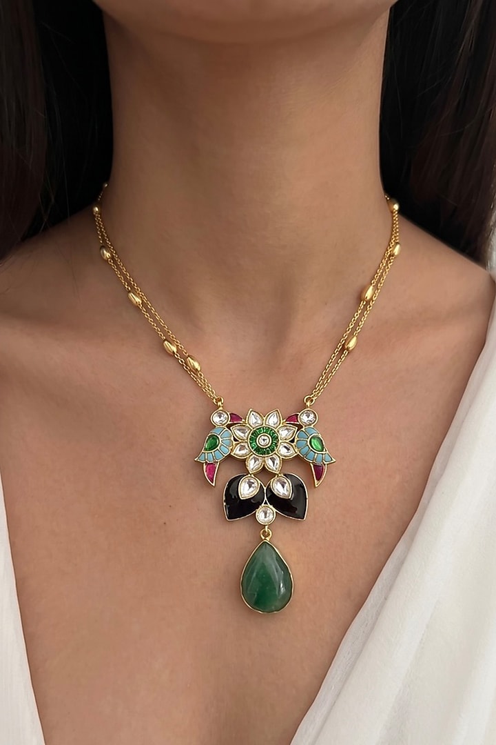 Gold Finish Moissanite Polki & Green Gemstone Meenakari Pendant Necklace Set by Prestones at Pernia's Pop Up Shop
