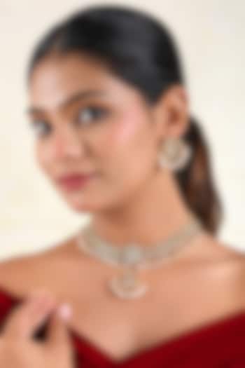 Gold Finish Moissanite Polki & Pearl Cluster Choker Necklace Set by Prestones at Pernia's Pop Up Shop