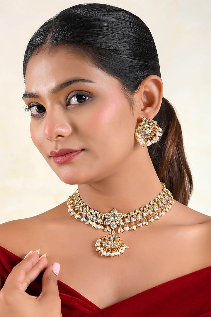 Gold Finish Moissanite Polki & Pearl Cluster Choker Necklace Set by Prestones at Pernia's Pop Up Shop