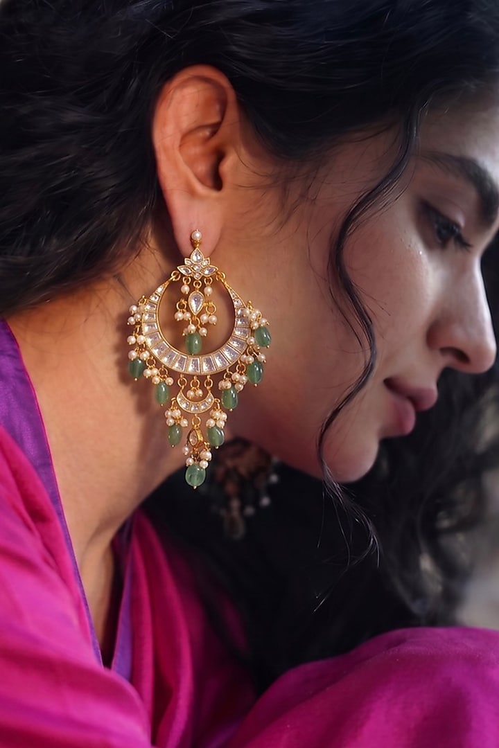 Gold Finish Moissanite Polki & Green Semi-Precious Stone Chandbali Earrings by Prestones at Pernia's Pop Up Shop