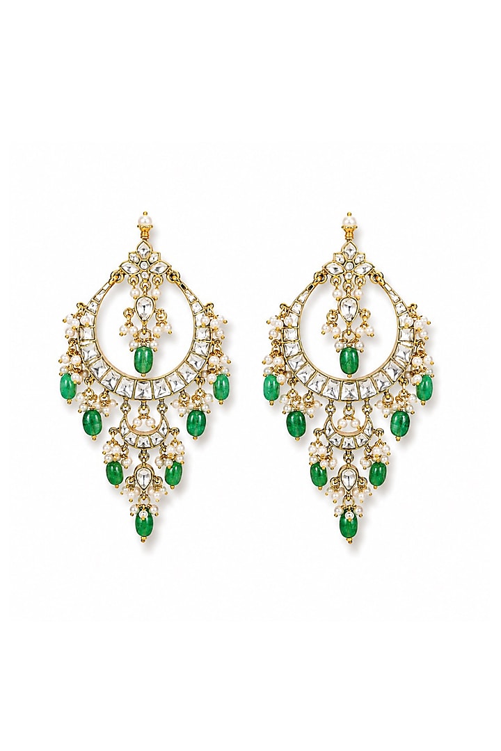 Gold Finish Moissanite Polki & Green Semi-Precious Stone Chandbali Earrings by Prestones at Pernia's Pop Up Shop