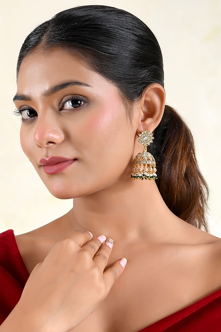 Gold Finish Moissanite Polki & Green Semi-Precious Stone Jhumka Earrings by Prestones at Pernia's Pop Up Shop