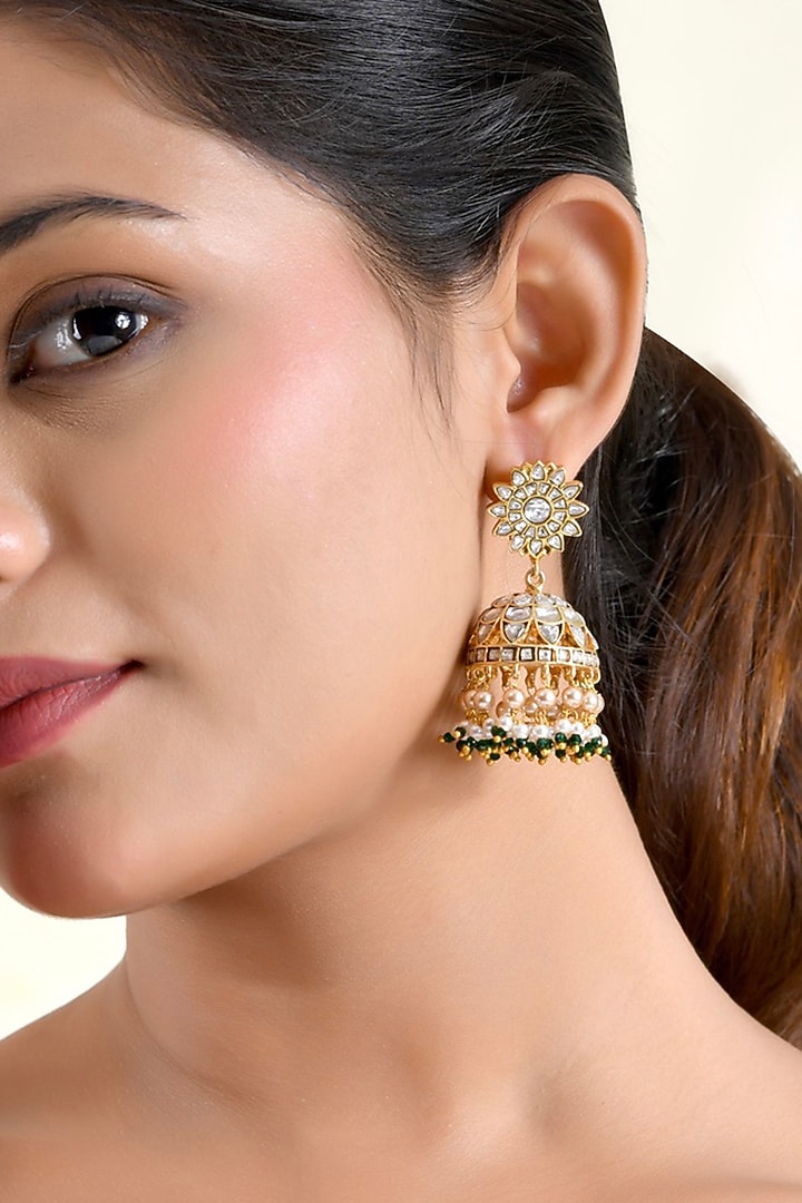 Gold Finish Moissanite Polki & Green Semi-Precious Stone Jhumka Earrings by Prestones at Pernia's Pop Up Shop