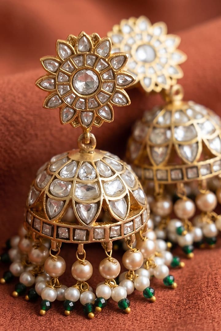 Gold Finish Moissanite Polki & Green Semi-Precious Stone Jhumka Earrings by Prestones at Pernia's Pop Up Shop