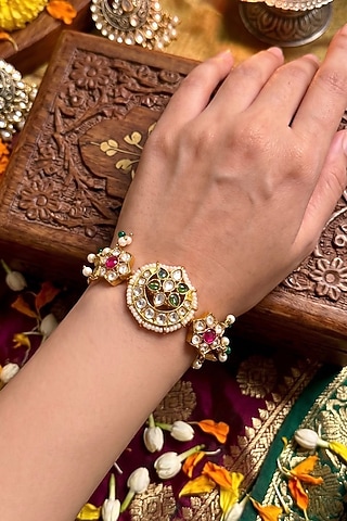 Gold Finish Moissanite Polki & Ruby Stone Adjustable Bracelet by Prestones