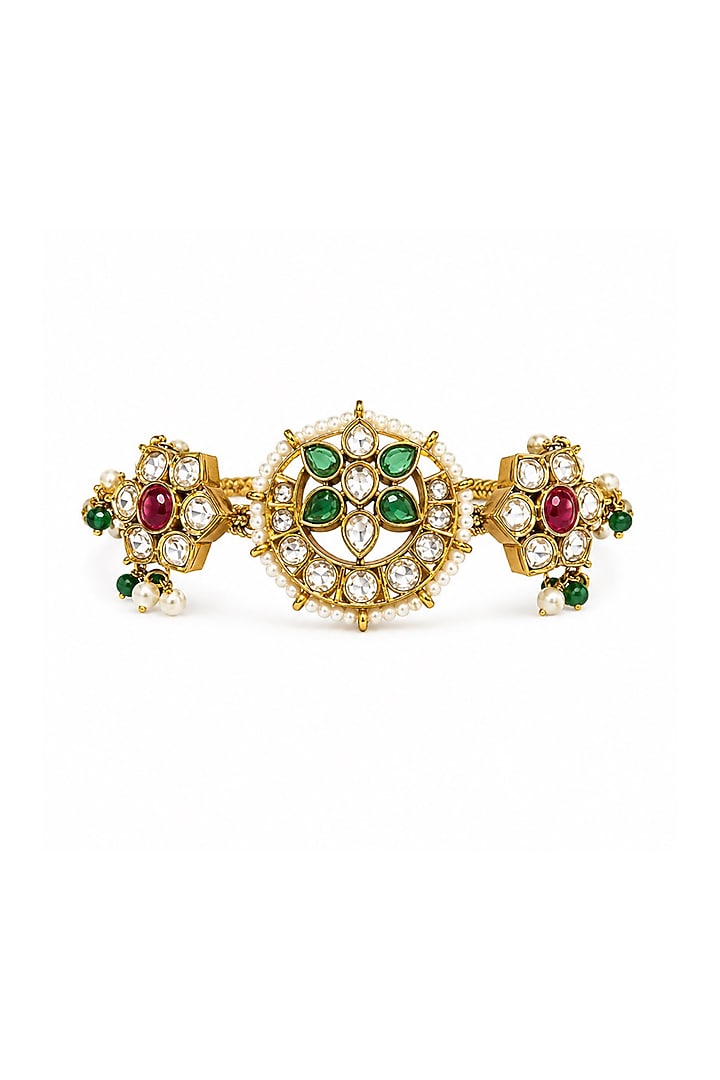 Gold Finish Moissanite Polki & Ruby Stone Adjustable Bracelet by Prestones at Pernia's Pop Up Shop