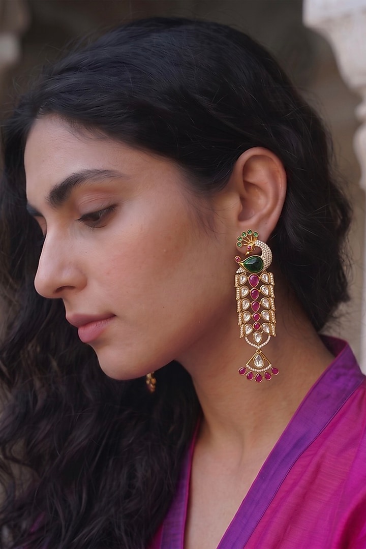 Gold Finish Moissanite Polki & Zircon Dangler Earrings by Prestones at Pernia's Pop Up Shop
