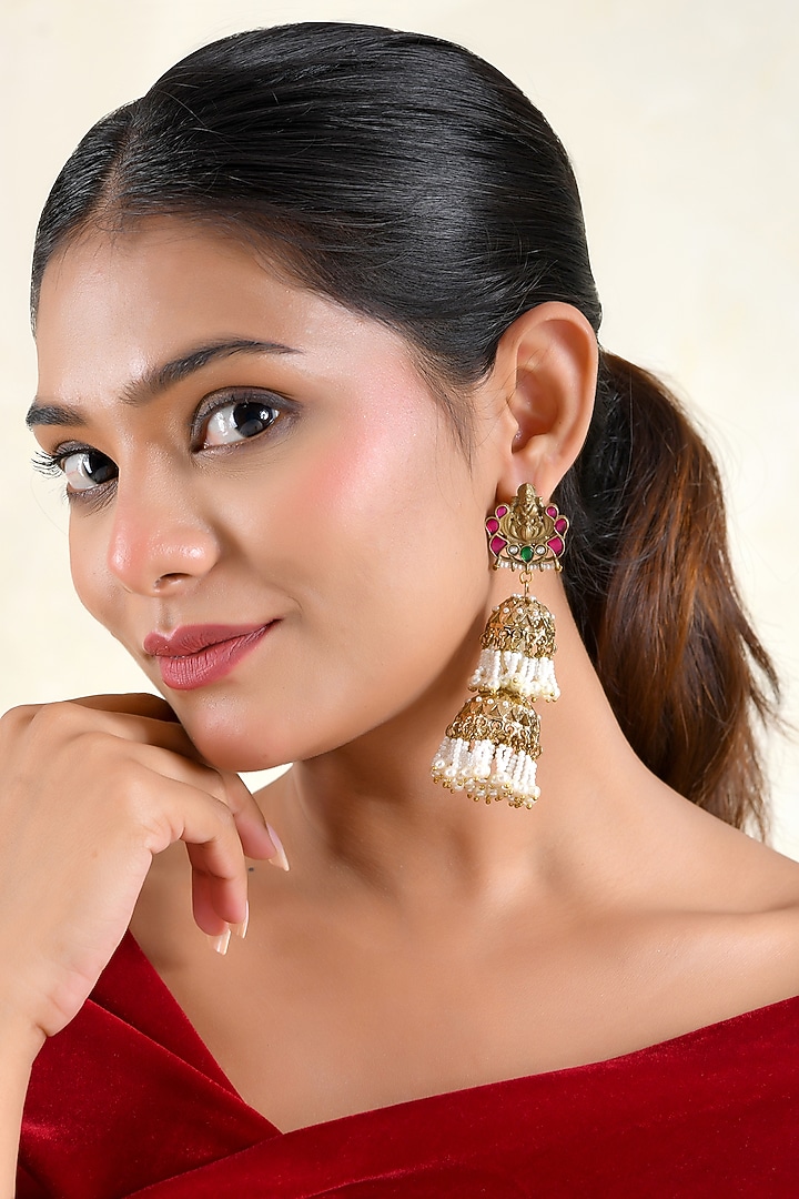 Gold Finish Faux Pearl & Ruby Stone Jhumka Earrings by Prestones at Pernia's Pop Up Shop