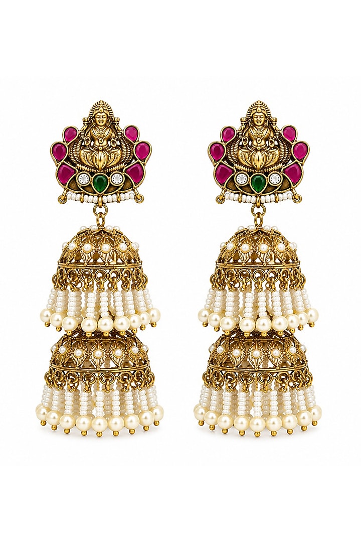 Gold Finish Faux Pearl & Ruby Stone Jhumka Earrings by Prestones at Pernia's Pop Up Shop