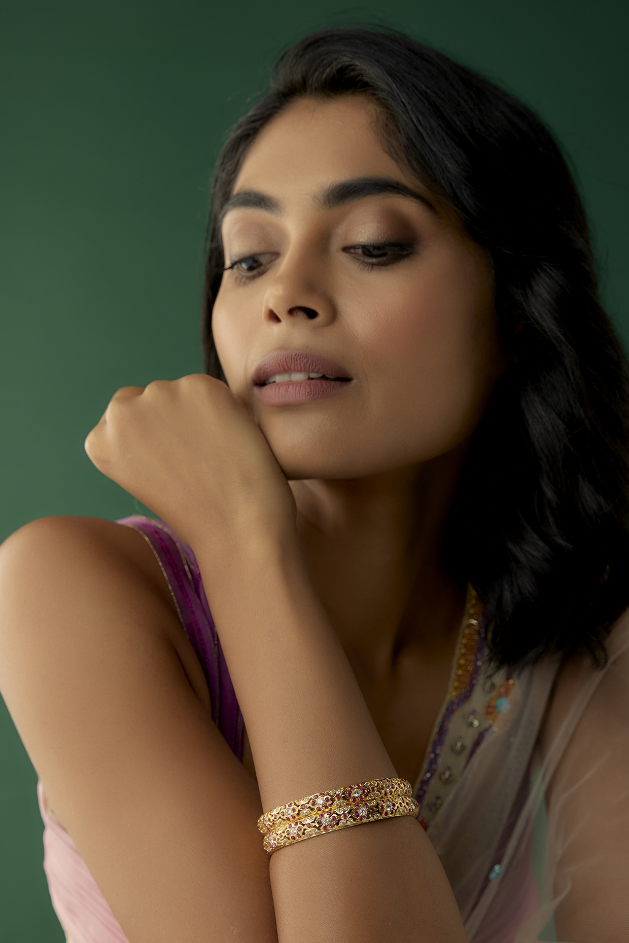 Gold Finish Ruby Synthetic Stone Bangles (Set Of 2) by Prestones at Pernia's Pop Up Shop