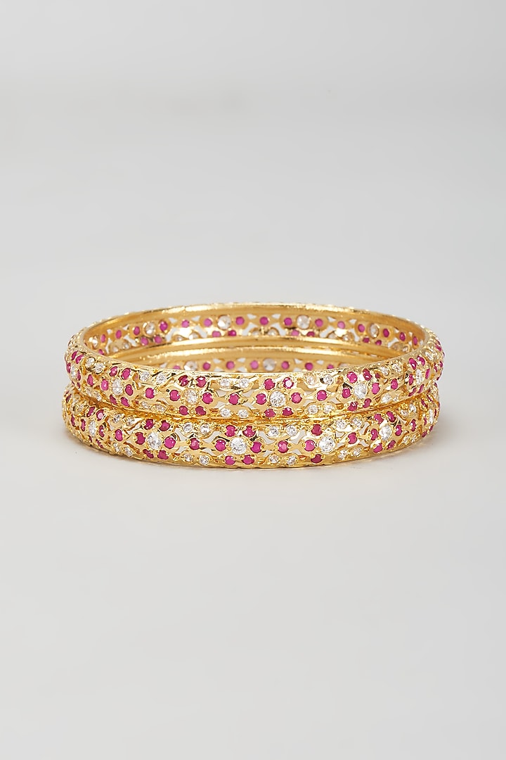 Gold Finish Ruby Synthetic Stone Bangles (Set Of 2) by Prestones at Pernia's Pop Up Shop