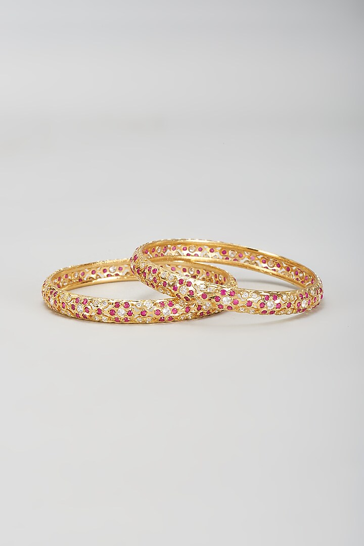 Gold Finish Ruby Synthetic Stone Bangles (Set Of 2) by Prestones at Pernia's Pop Up Shop