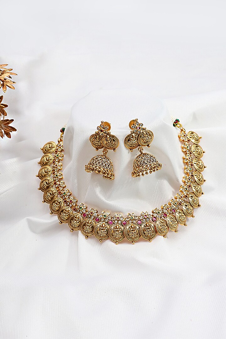 Gold Finish Ruby Stone Temple Choker Necklace Set by Prestones at Pernia's Pop Up Shop