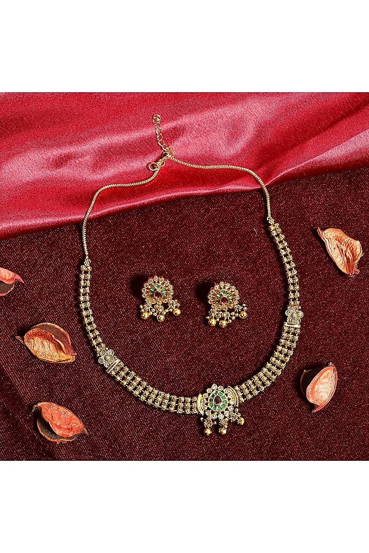 Gold Finish Red & Green Stone Temple Choker Necklace Set by Prestones at Pernia's Pop Up Shop