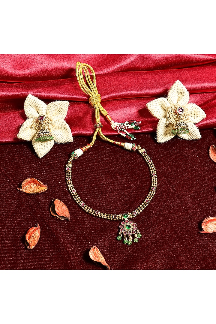 Gold Finish Multi-Colored Stone Temple Choker Necklace Set by Prestones at Pernia's Pop Up Shop
