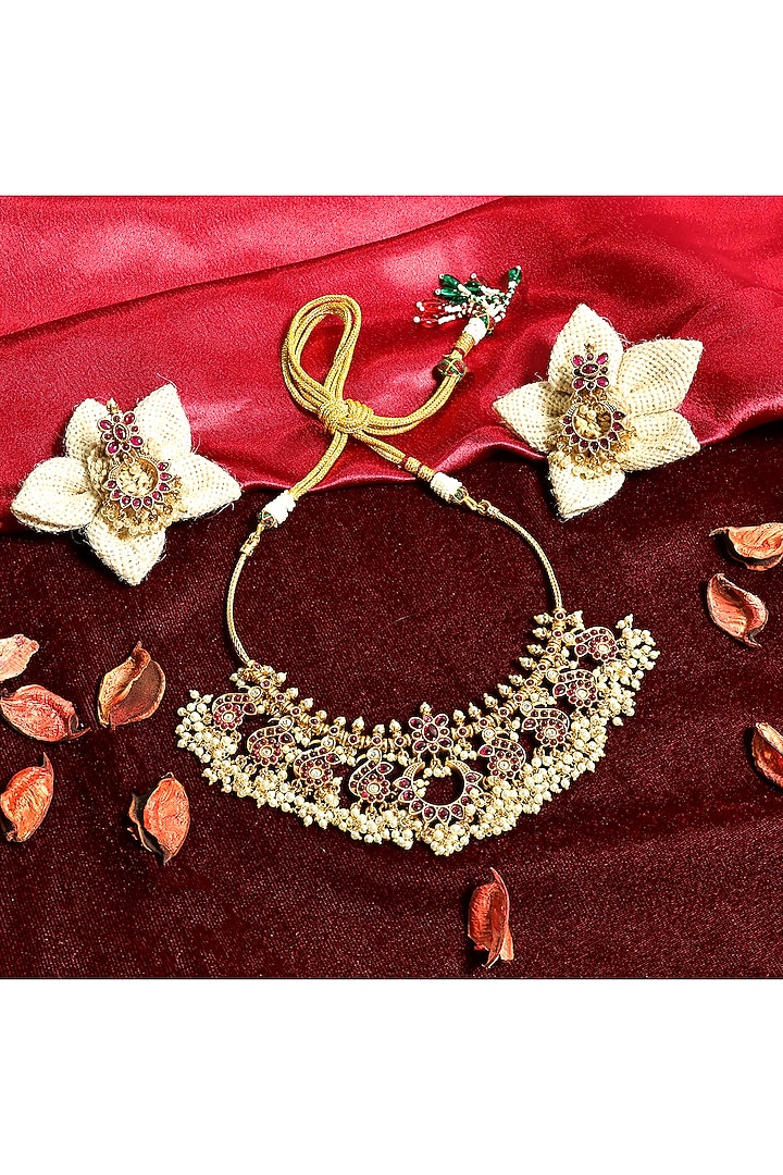 Gold Finish Pearl & Multi-Colored Stone Temple Choker Necklace Set by Prestones at Pernia's Pop Up Shop