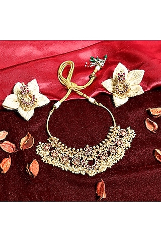 Gold Finish Pearl & Multi-Colored Stone Temple Choker Necklace Set by Prestones