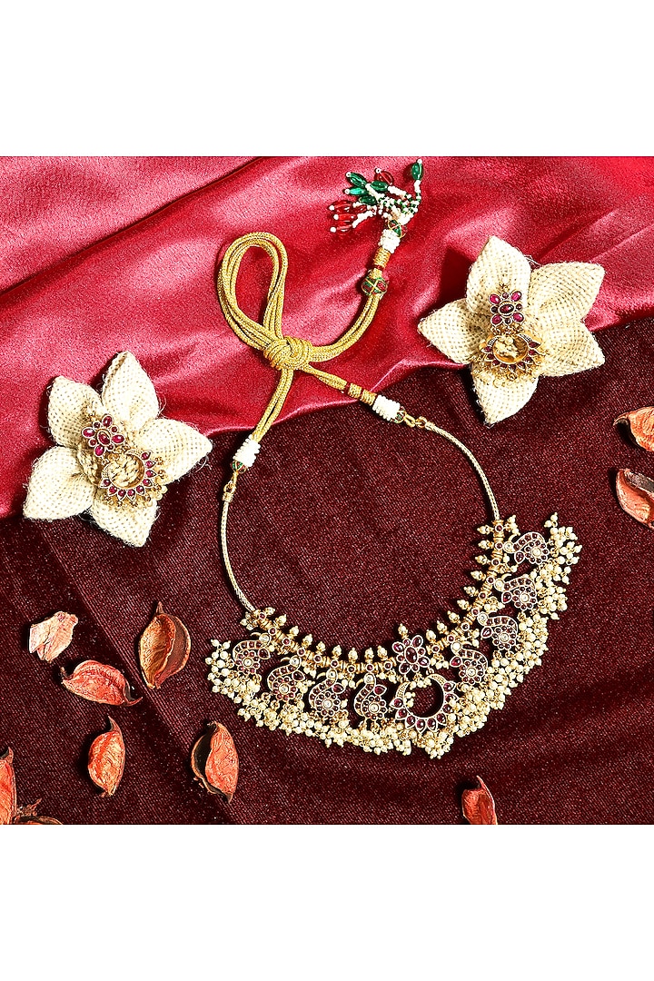 Gold Finish Pearl & Multi-Colored Stone Temple Choker Necklace Set by Prestones at Pernia's Pop Up Shop