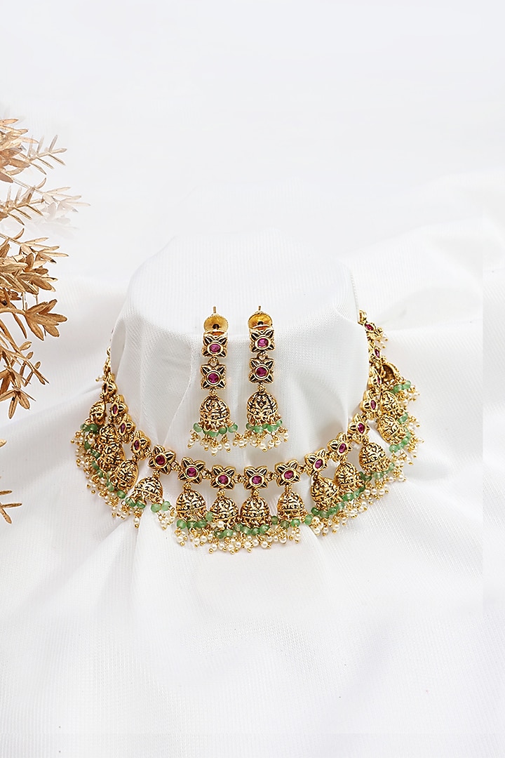 Gold Finish Multi-Colored Stone Temple Choker Necklace Set by Prestones at Pernia's Pop Up Shop