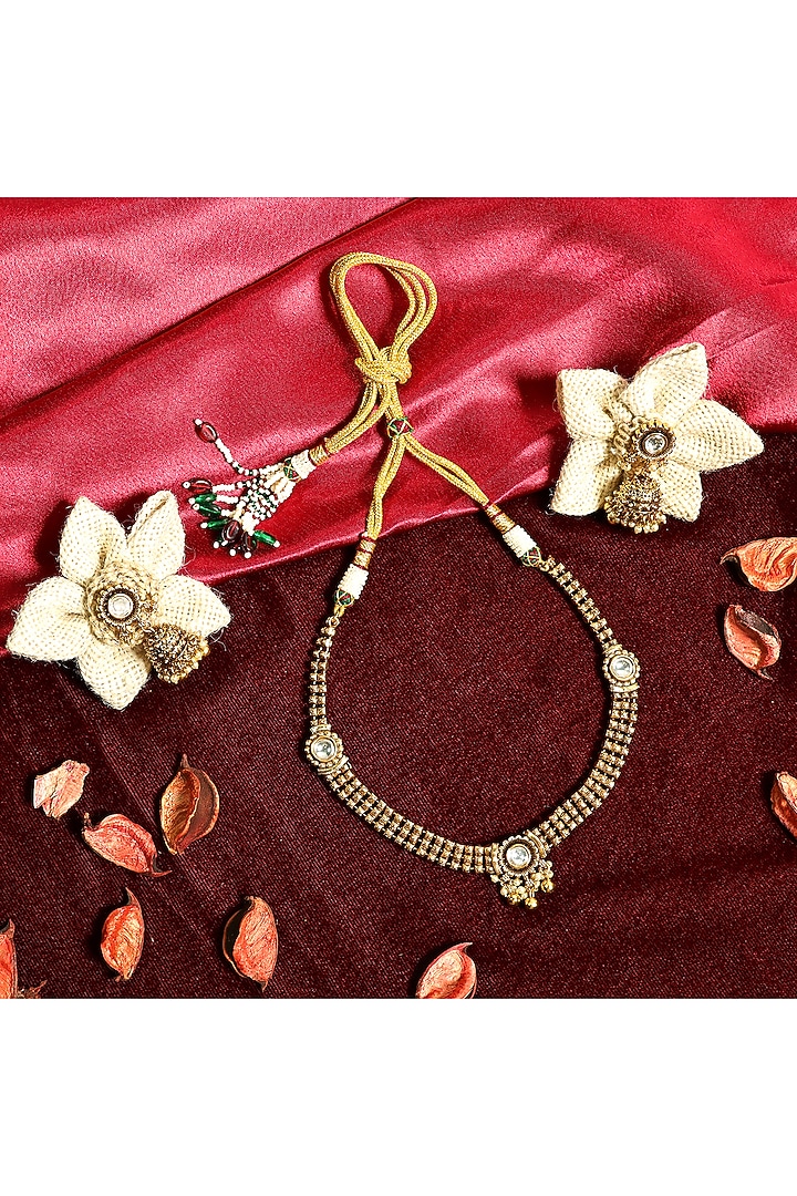 Gold Finish White Stone Temple Choker Necklace Set by Prestones at Pernia's Pop Up Shop