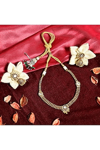 Gold Finish White Stone Temple Choker Necklace Set by Prestones