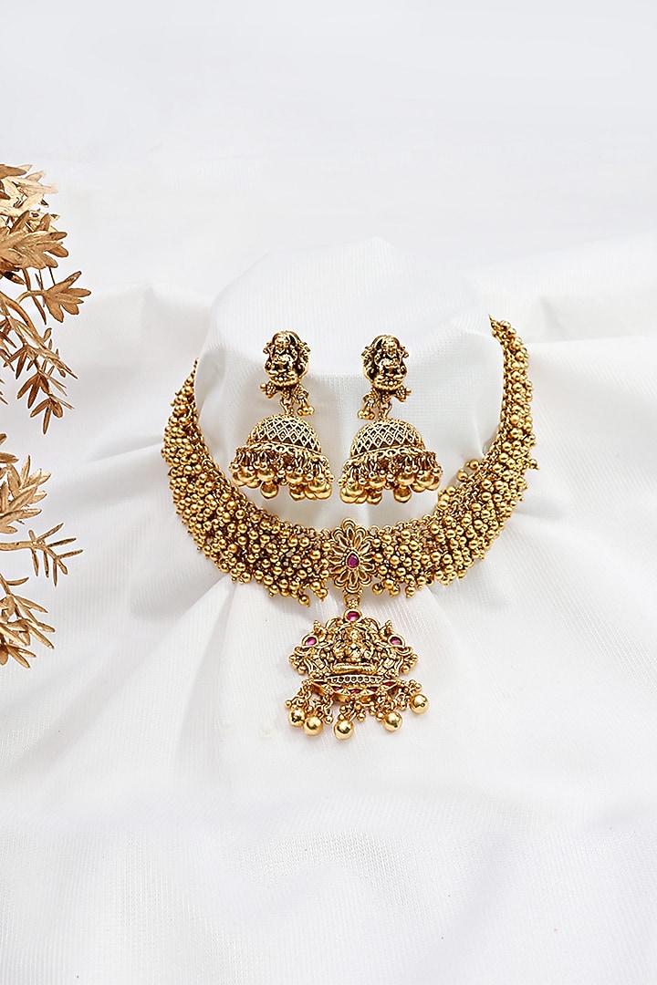 Gold Finish Ghungroo Motif & Red Stone Temple Choker Necklace Set by Prestones at Pernia's Pop Up Shop