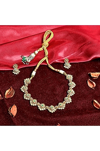 Gold Finish Green Stone Temple Choker Necklace Set by Prestones