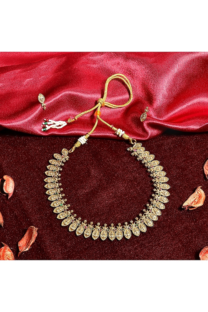 Gold Finish Leaf Motif Temple Choker Necklace Set by Prestones at Pernia's Pop Up Shop
