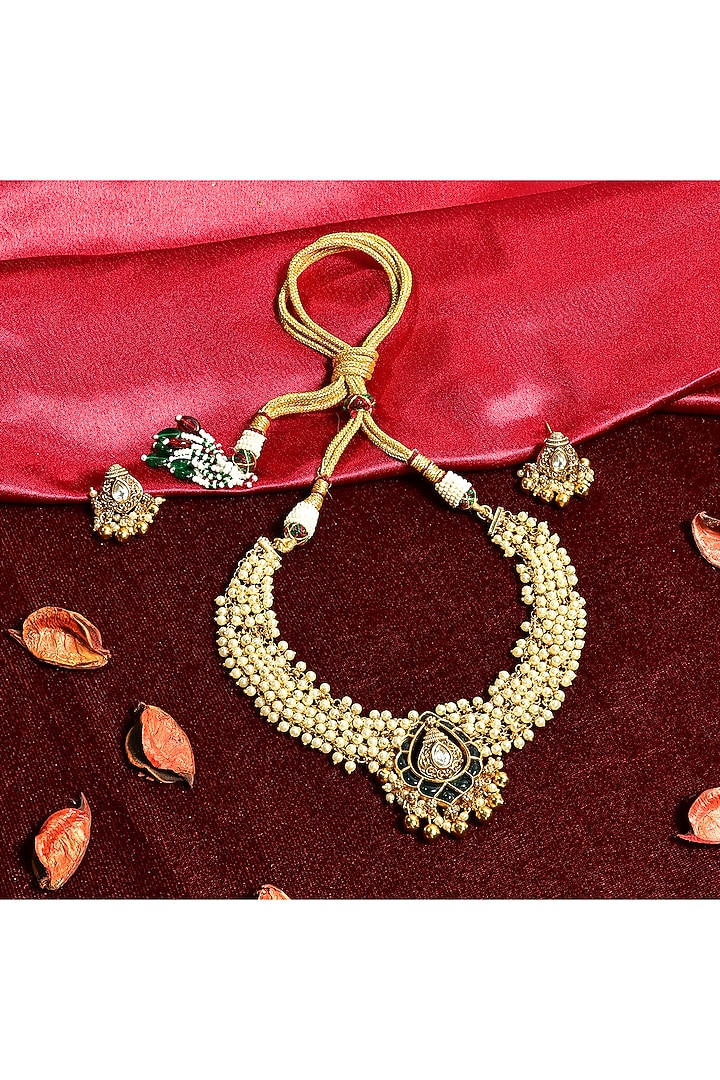 Gold Finish Pearl Temple Choker Necklace Set by Prestones at Pernia's Pop Up Shop