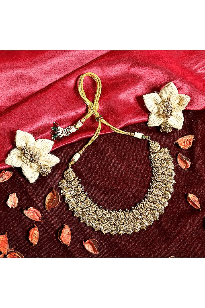 Gold Finish Multi-Colored Stone Temple Choker Necklace Set by Prestones at Pernia's Pop Up Shop