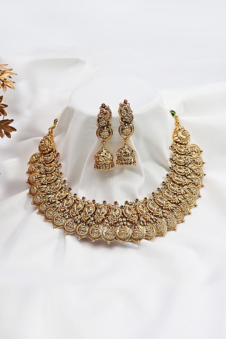 Gold Finish Multi-Colored Stone Temple Choker Necklace Set by Prestones at Pernia's Pop Up Shop