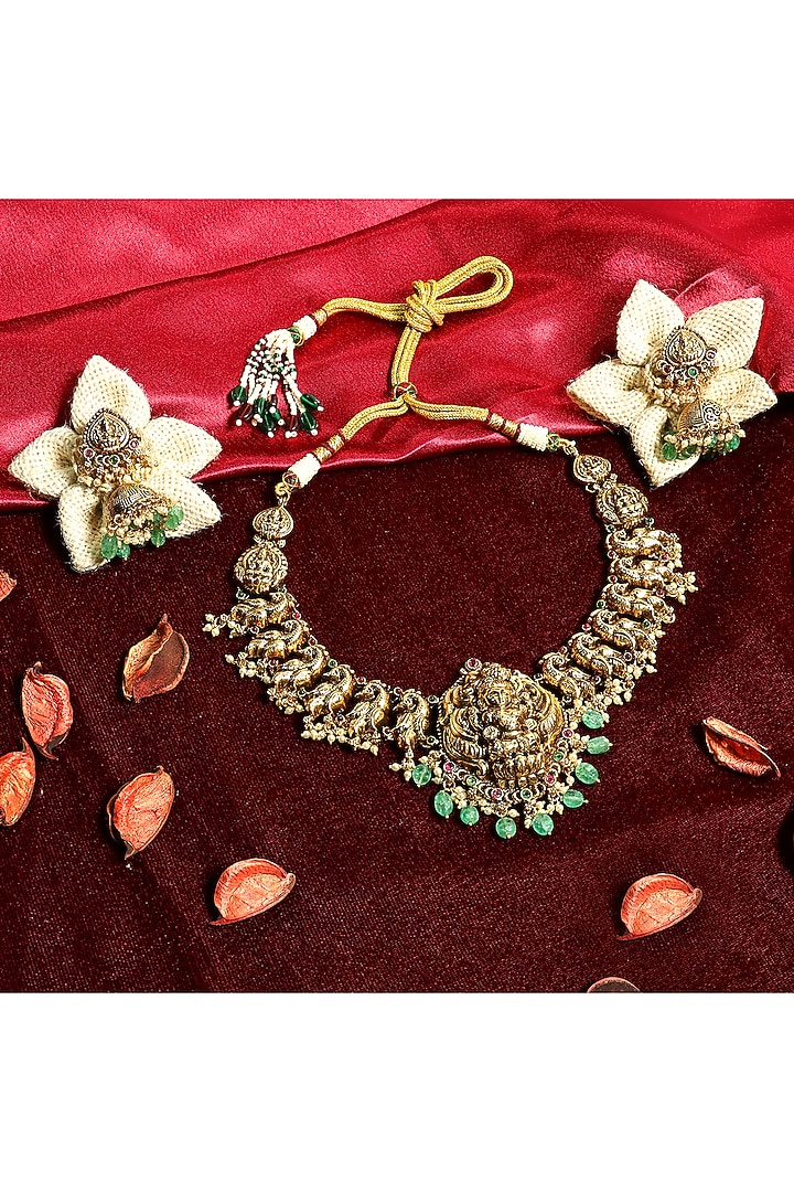 Gold Finish Green Stone Temple Choker Necklace Set by Prestones at Pernia's Pop Up Shop