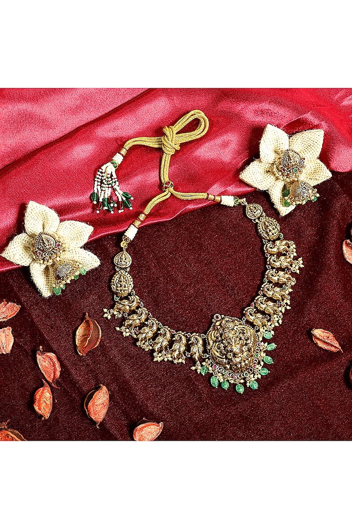 Gold Finish Green Stone Temple Choker Necklace Set by Prestones at Pernia's Pop Up Shop