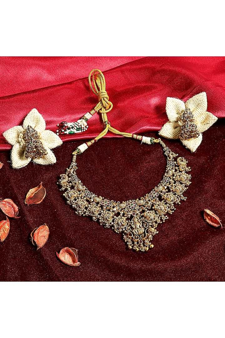 Gold Finish Multi-Colored Stone Temple Choker Necklace Set by Prestones at Pernia's Pop Up Shop