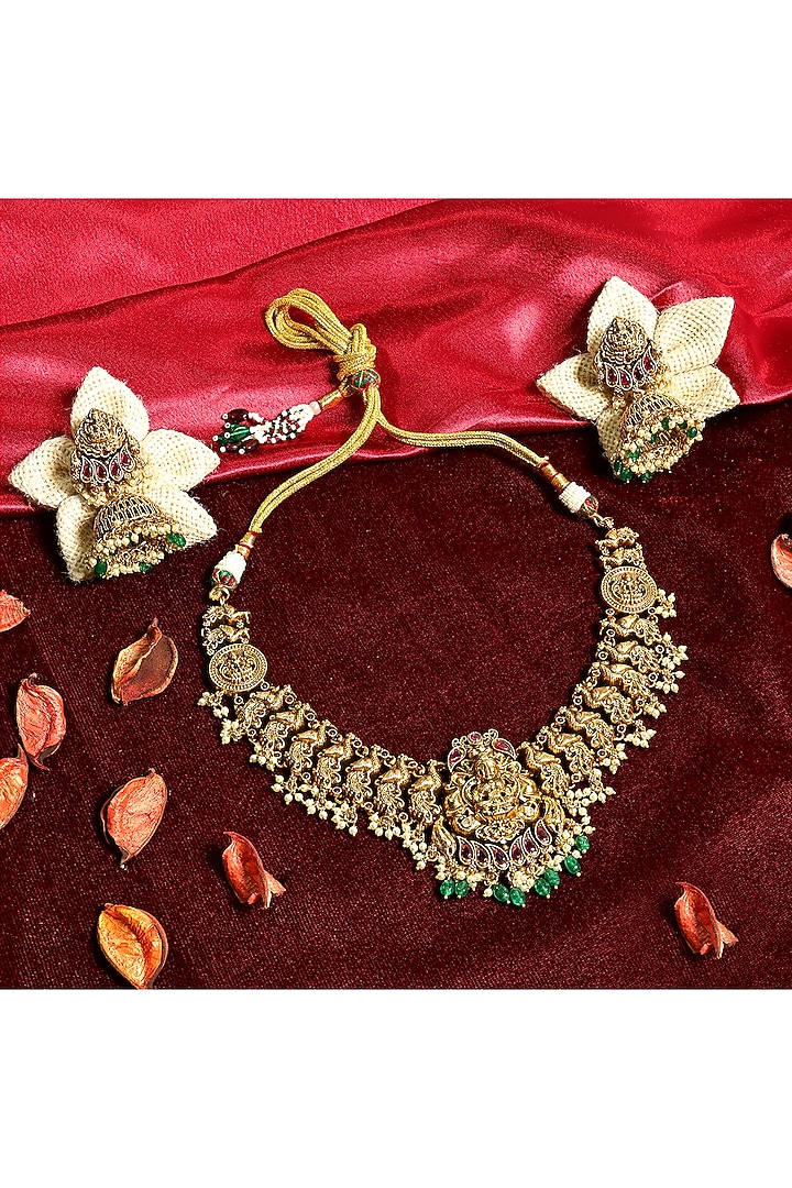 Gold Finish Multi-Colored Stone Temple Choker Necklace Set by Prestones at Pernia's Pop Up Shop